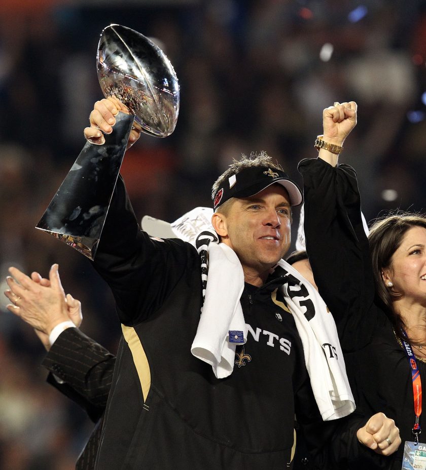 Sean Payton celebrates after defeating the Indianapolis Colts during Super Bowl XLIV on February 7, 2010.