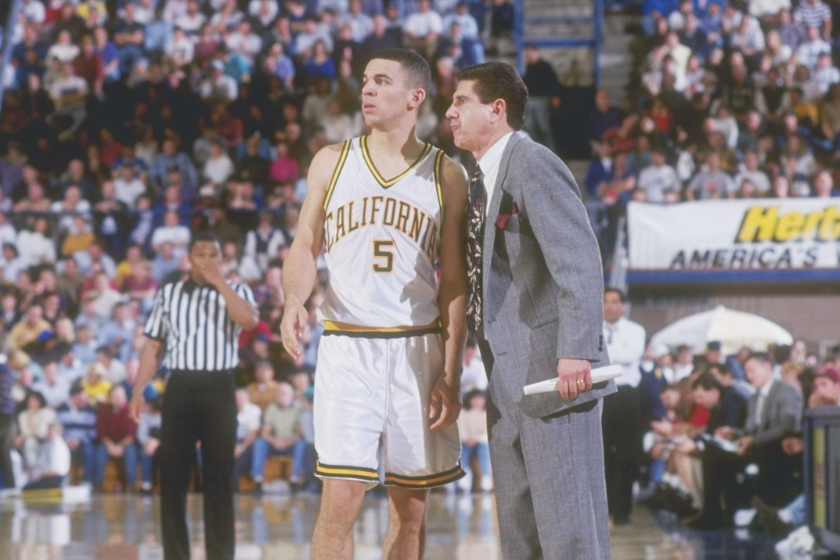 Guard Jason Kidd and coach Lous Campenelli of the California Golden Bears speak to each other during a game against the Washington State Cougars 