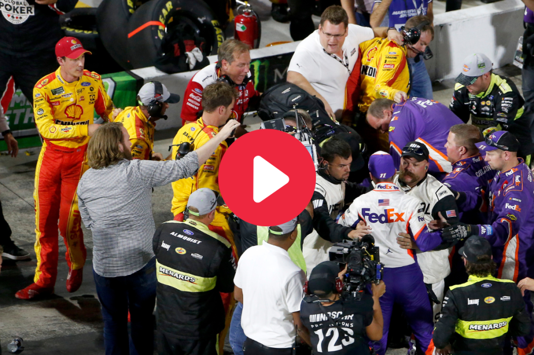 Joey Logano, Denny Hamlin, and their crews have an altercation on pit lane following the 2019 First Data 500 at Martinsville Speedway