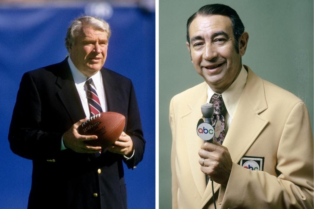 Color Commentator/NFL football Analyst John Madden in this portrait on the field circa 1990, ABC sports media commentator Howard Cosell