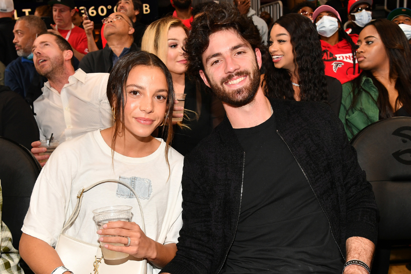 Mallory Pugh and Dansby Swanson attend the game between the Denver Nuggets and the Atlanta Hawks