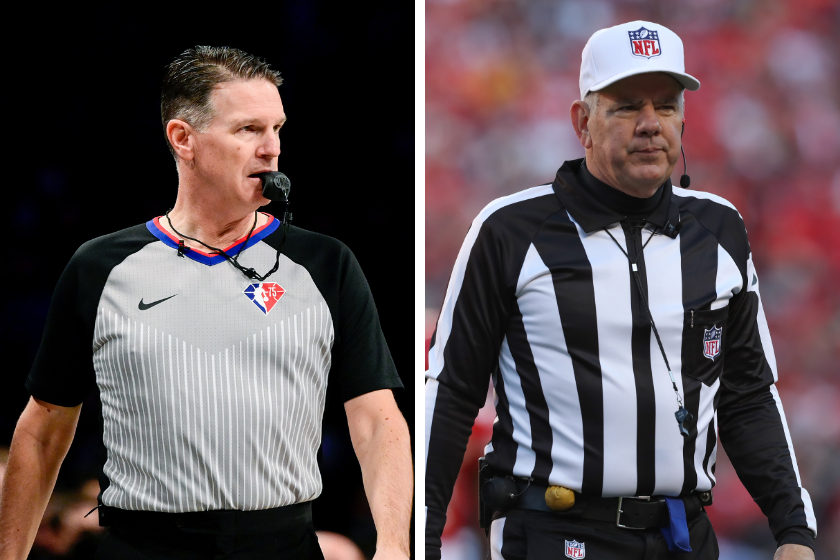 Pat Fraher reffing an NBA game (left). Bill Vinovich looks on during the 2022 AFC Championship Game.