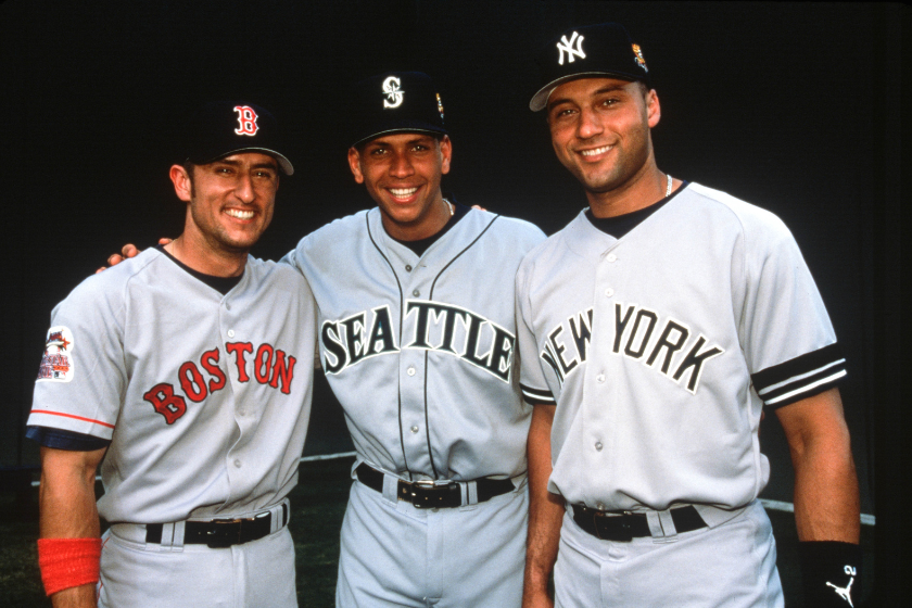 Nomar Garciaparra #5 of the Boston Red Sox, Alex Rodriguez #3 of the Seattle Mariners and Derek Jeter #2 of the New York Yankees pose for a photo before the 71st MLB All-Star Game