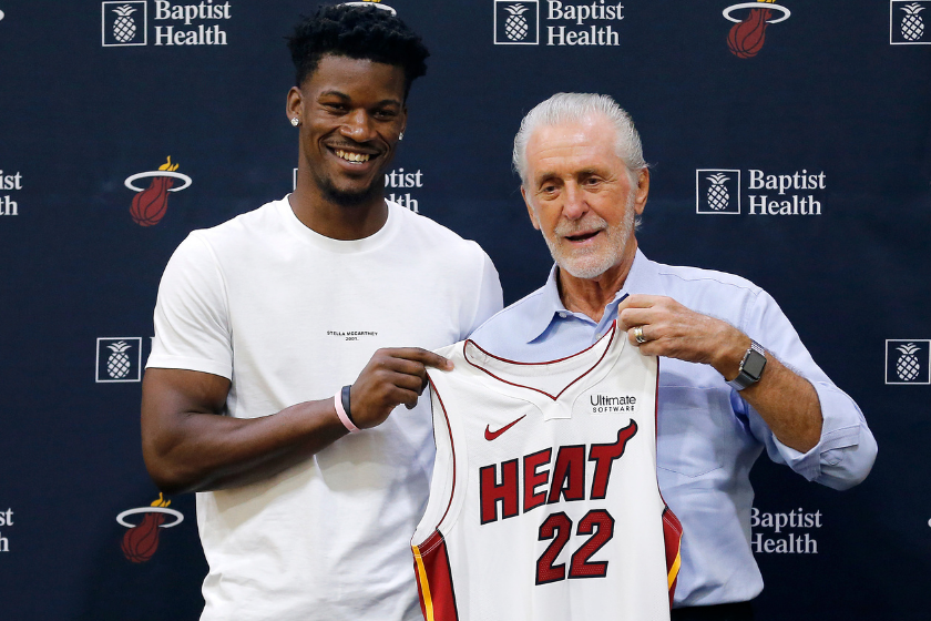 Jimmy Butler and Pat Riley at Butler's introductory Miami Heat press conference.