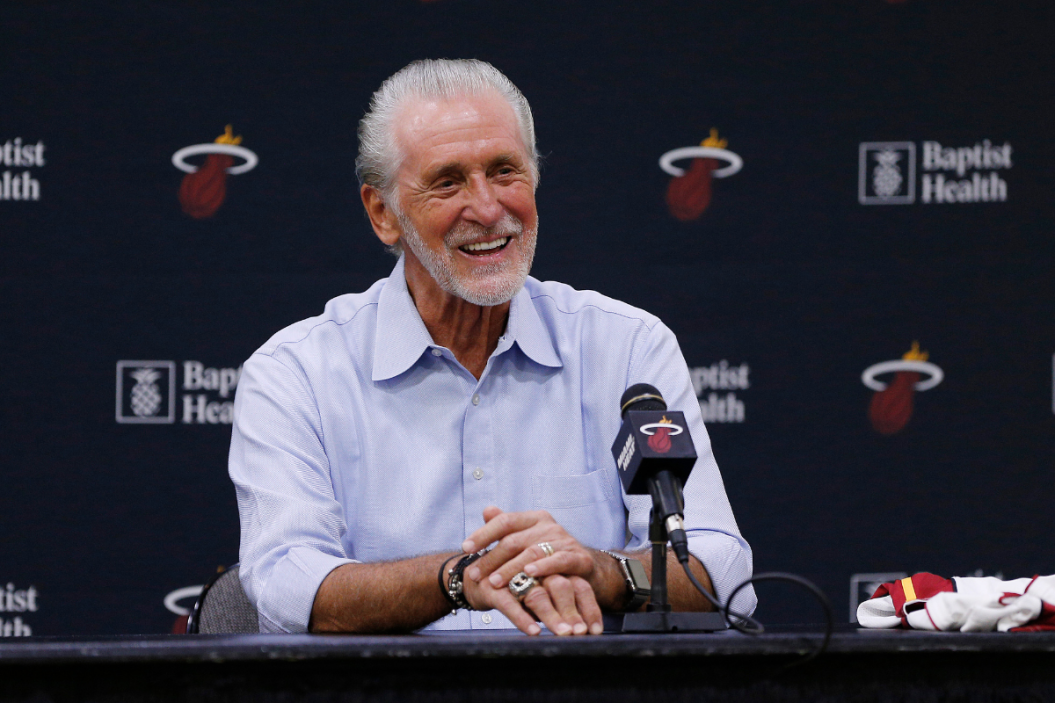 Pat Riley speaks to the media at Jimmy Butler's introductory press conference.