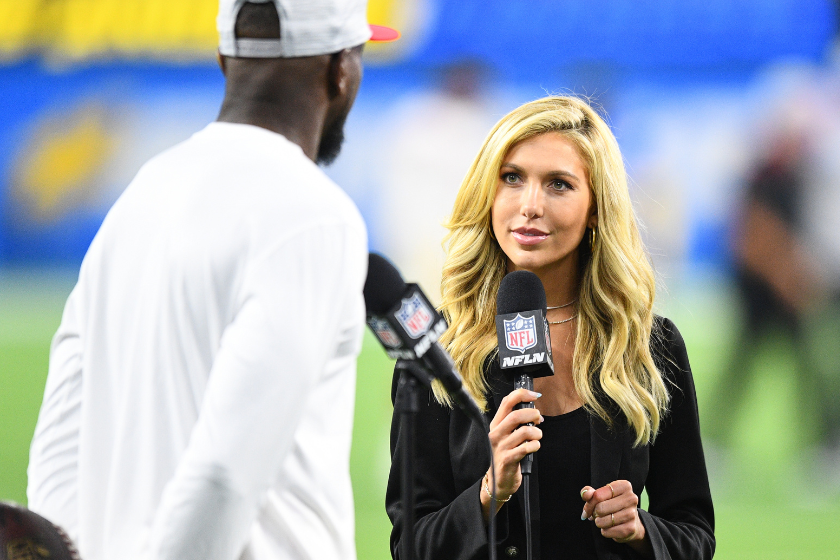 NFL Network Anchor/Reporter Taylor Bisciotti interviews a player after the NFL preseason game between the San Francisco 49ers and the Los Angeles Chargers