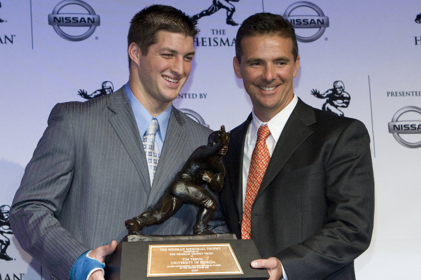 Urban Meyer and Tim Tebow at the 2007 Heisman Trophy ceremony.