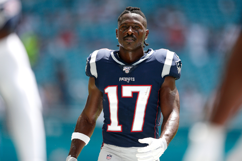 Wide Receiver Antonio Brown #17 of the New England Patriots warms up prior to the game against the Miami Dolphins at Hard Rock Stadium 