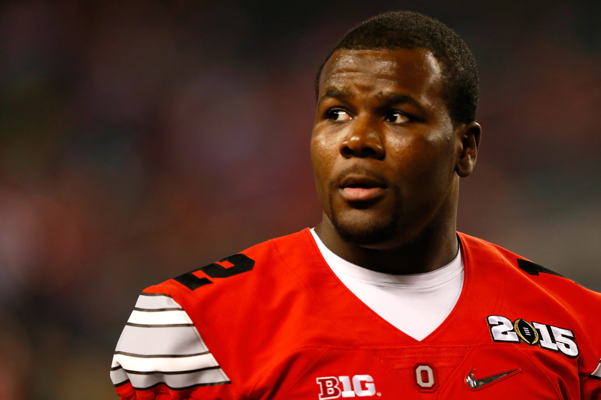 Cardale Jones looks on during media day before the CFP Championship game.