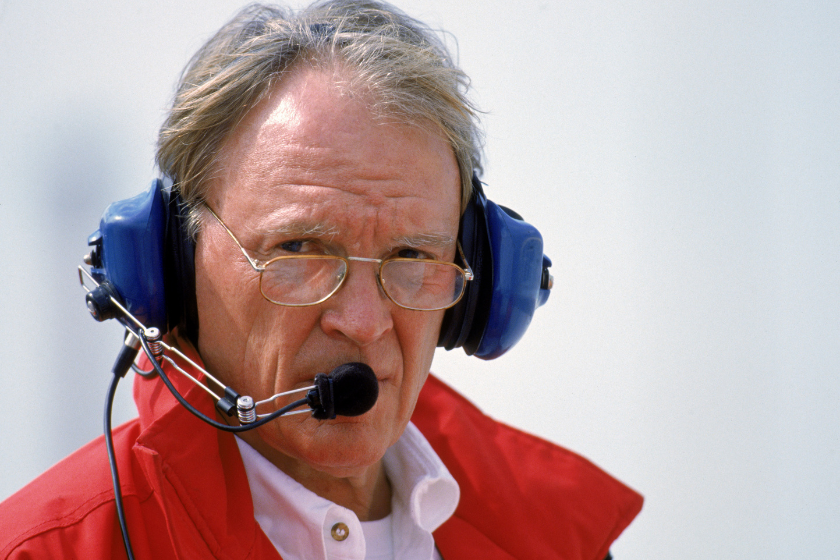 Dan Gurney talks on headphones during CART testing at the Miami-Dade Homestead Motorsports Complex in Homestead, Florida on February 6, 1996
