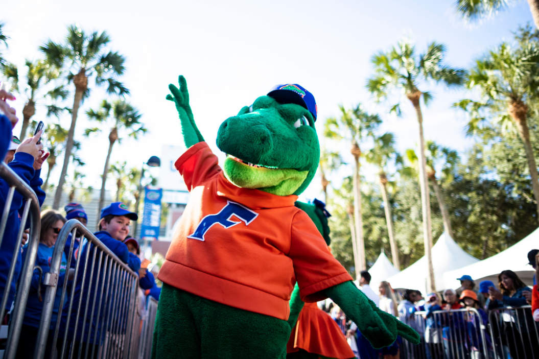 Albert the Alligator interacting with fans before Florida plays Florida State in 2021.