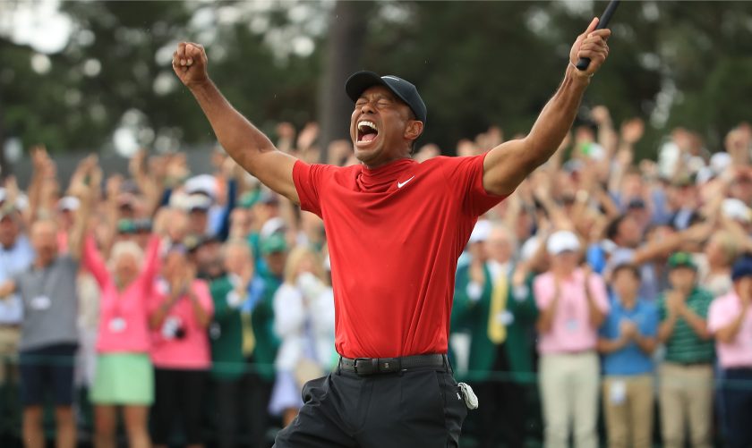 Tiger Woods celebrates after winning the Masters at Augusta National Golf Club on April 14, 2019 in Augusta, Georgia.