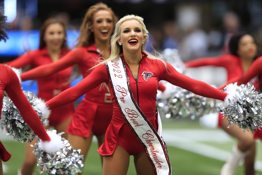 Atlanta Falcons cheerleaders perform in a game against the Detroit Lions in 2021.