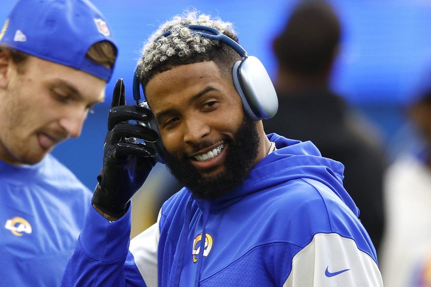 Odell Beckham Jr. of the Los Angeles Rams warms up before the NFC Championship Game against the San Francisco 49ers at SoFi Stadium on January 30, 2022.