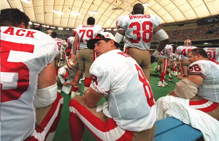Super Bowl MVP player Steve Young of the San Francisco 49ers takes a break on the sideline during the NFL preseason game American Bowl '95.