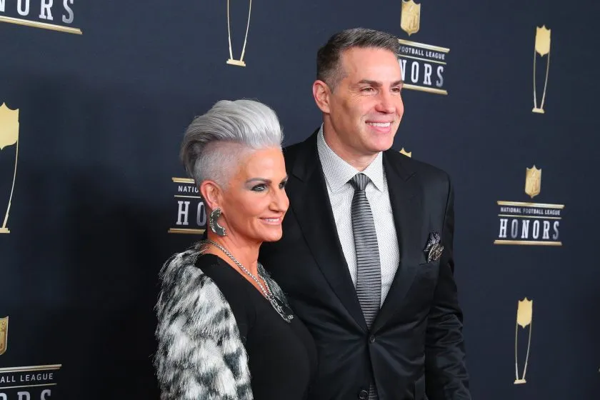 Kurt Warner and his wife Brenda pose for photographs on the Red Carpet at NFL Honors during Super Bowl LII week.