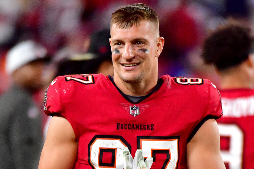 Tampa Bay Buccaneers tight end Rob Gronkowski smiles as the Bucas take on the New York Giants.