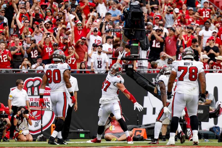 Tampa Bay Buccaneers tight end Rob Gronkoswi does his famous Gronk spike after scoring against the Atlanta Falcons.