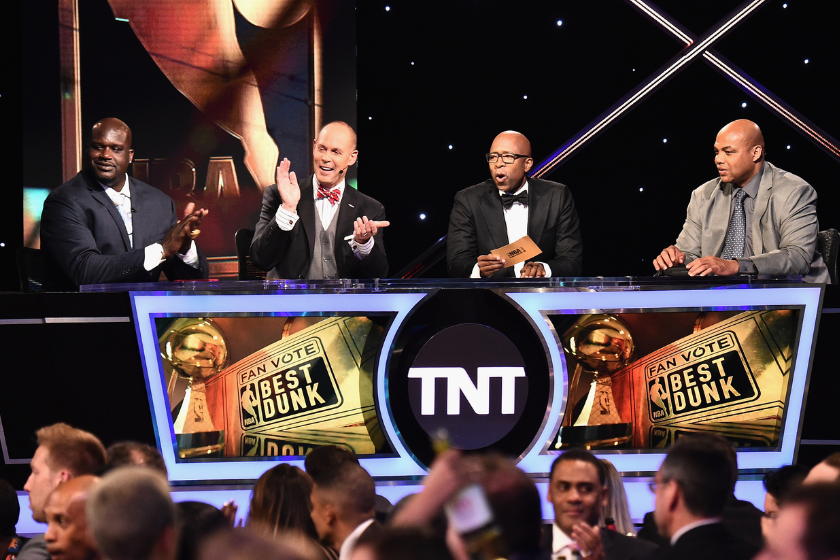 Shaquille O'Neal, Ernie Johnson, Kenny Smith, and Charles Barkley speak on stage during the 2017 NBA Awards Live On TNT
