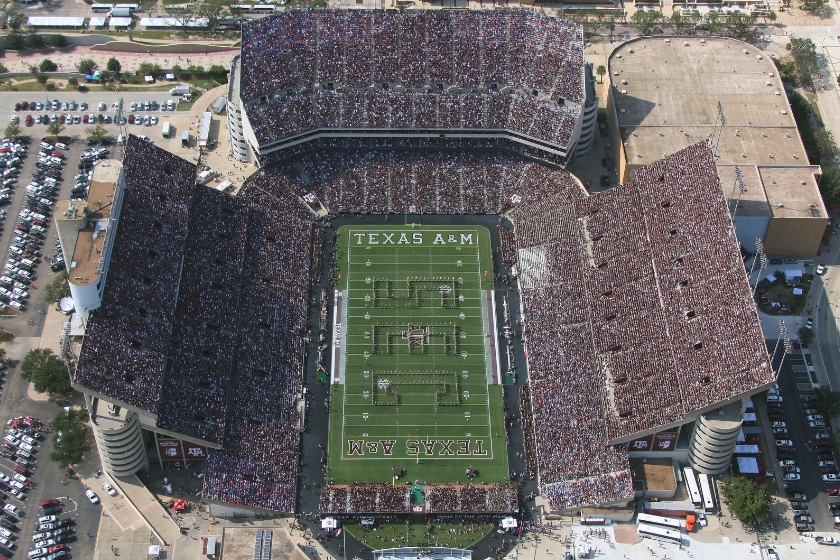 An aerial view of Kyle Field during a game between the Florida Gators and the Texas A&M Aggies
