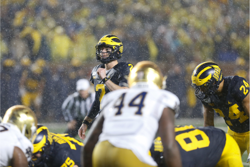 Michigan and Notre Dame squaring off in the rain in 2019.