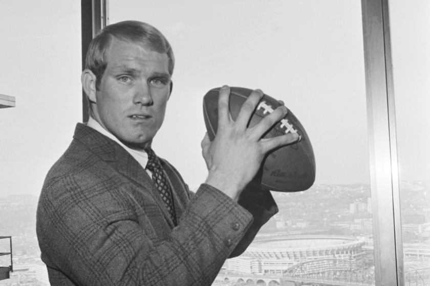 Terry Bradshaw makes his first appearance in Pittsburgh after he was selected No. 1 overall by the Steelers.