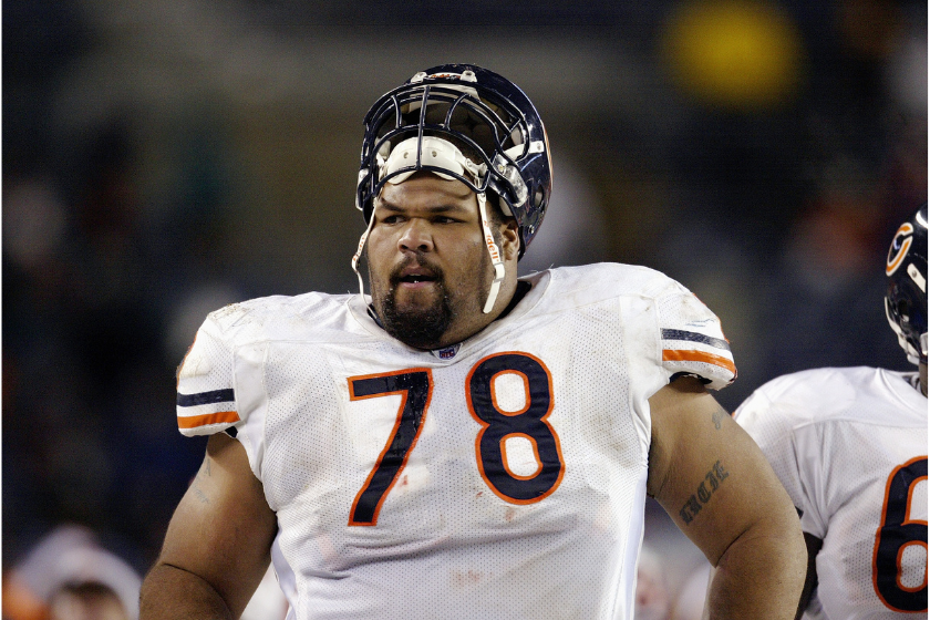 Chicago Bears offensive lineman Aaron Gibson in between plays against the Denver Broncos.