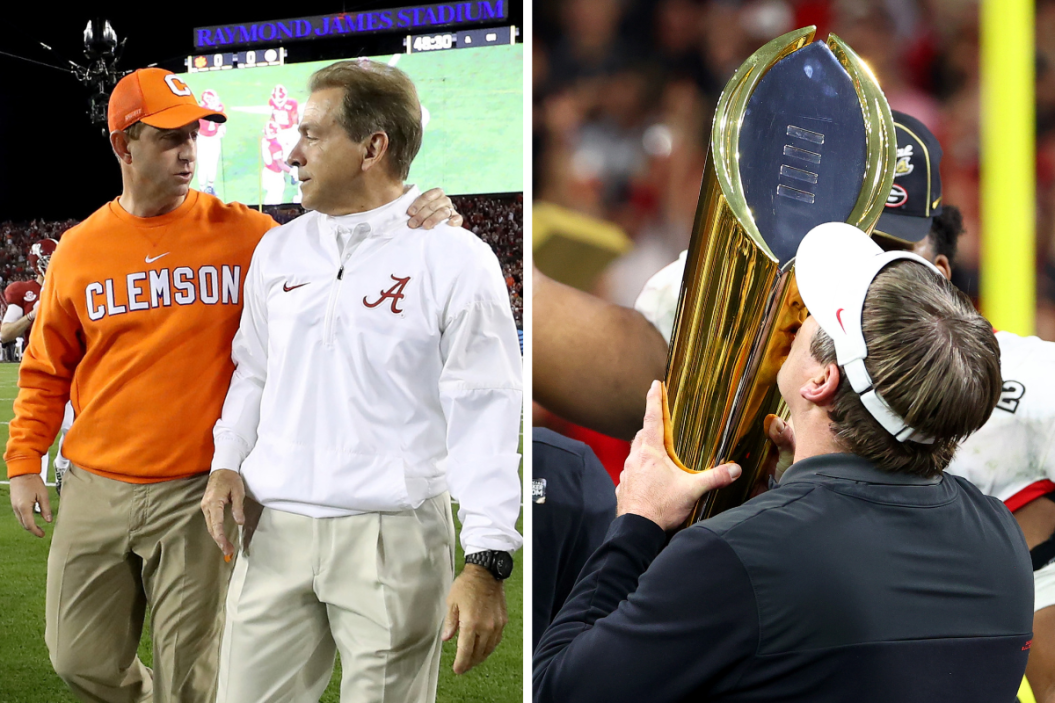 Head coach Dabo Swinney of the Clemson Tigers (L) talks with Head coach Nick Saban of the Alabama Crimson Tide prior to the 2017 College Football Playoff National Championship Game, Head Coach Kirby Smart of the Georgia Bulldogs celebrates after defeating the Alabama Crimson Tide during the College Football Playoff Championship