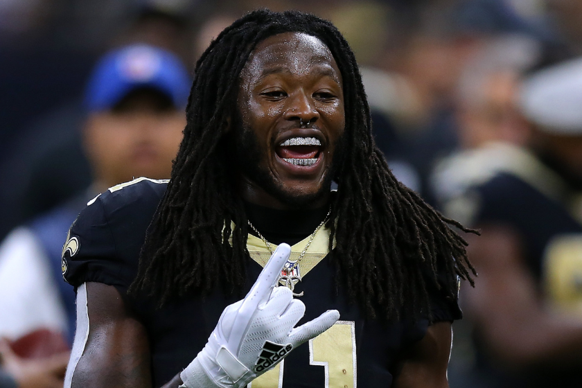 Alvin Kamara #41 of the New Orleans Saints reacts against the New York Giants during a game at the Caesars Superdome