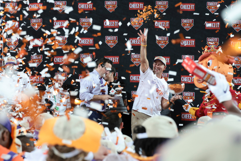Dabo Swinney celebrates winning the 2021 Cheez-It Bowl.