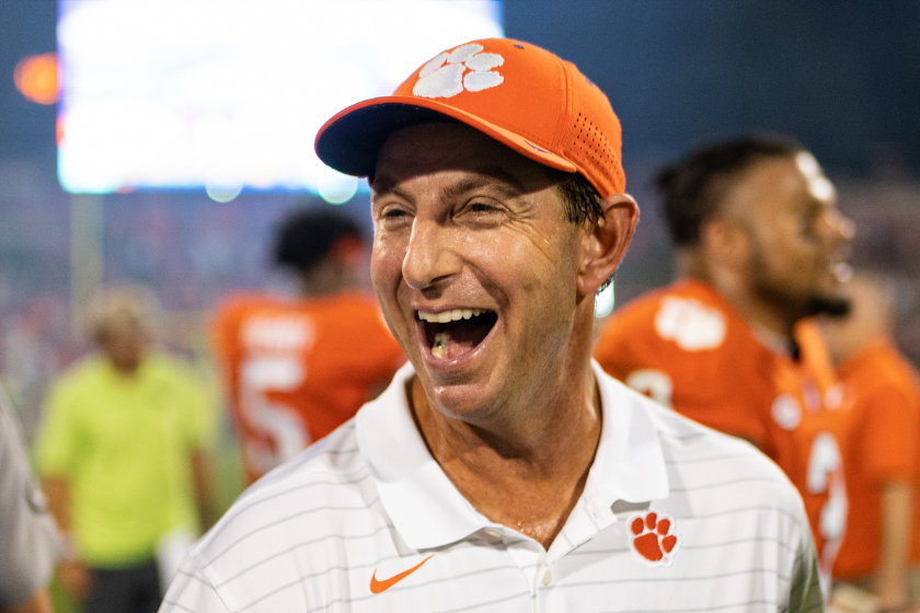 Head coach Dabo Swinney of the Clemson Tigers smiles after their game against the Boston College Eagles