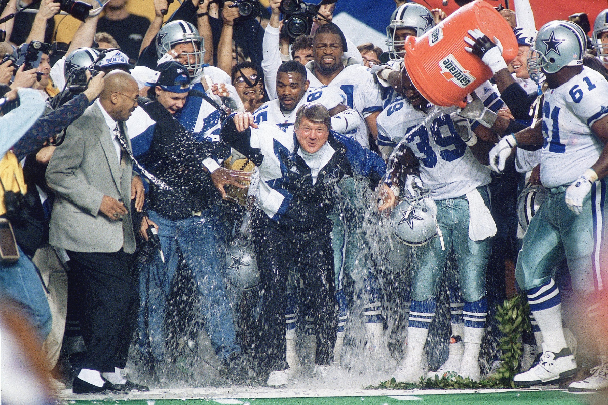 The Dallas Cowboys celebrate a Super Bowl win with a Jimmy Johnson Gatorade shower.