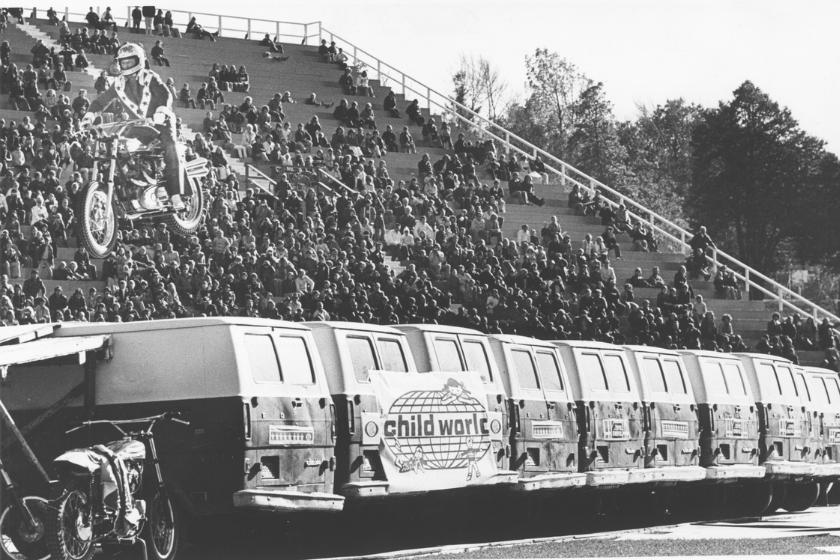 Evel Knievel jumps 10 trucks at Holly Cross's Fitton Field in Worcester, Mass
