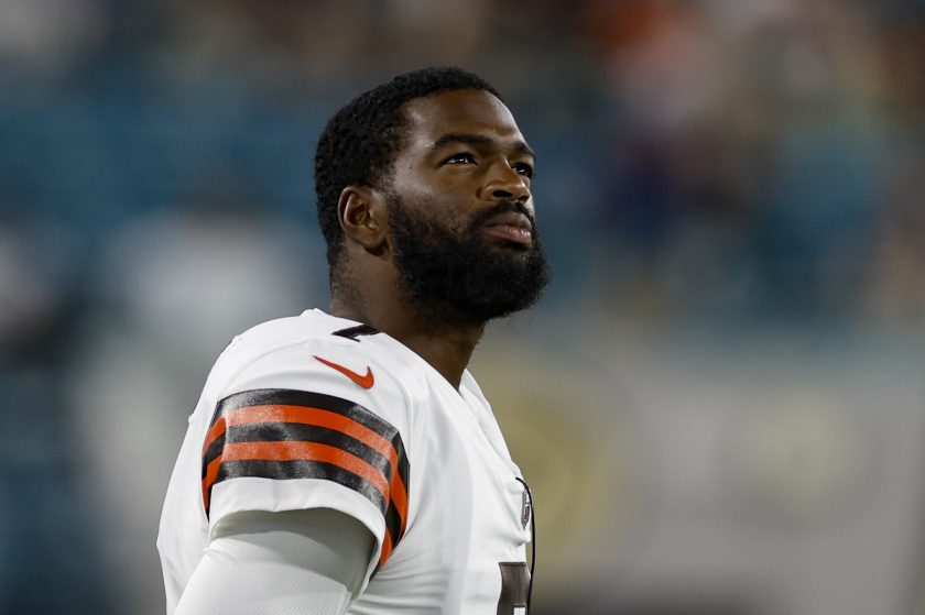 Jacoby brissett looks on during a Browns preseason game.