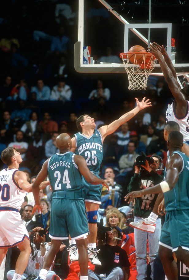 The Charlotte Hornets in action against the Washington Bullets.