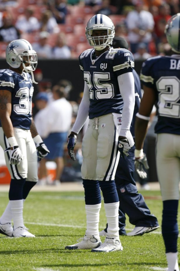 Pat Watkins of the Dallas Cowboys looks on before the game against the Cleveland Browns at Cleveland Browns Stadium on September 7, 2008.