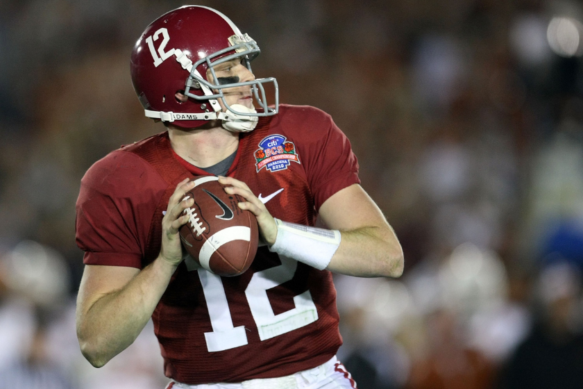 Quarterback Greg McElroy #12 of the Alabama Crimson Tide throws the ball against the Texas Longhorns in the second half of the Citi BCS National Championship game