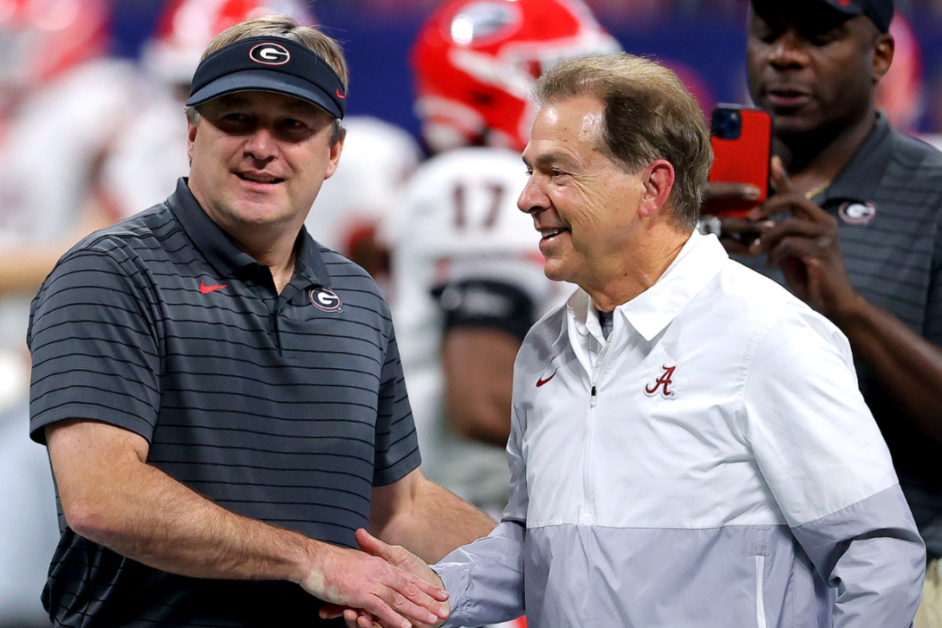 Nick Saban and Kirby Smart before the 2021 SEC Championship Game.