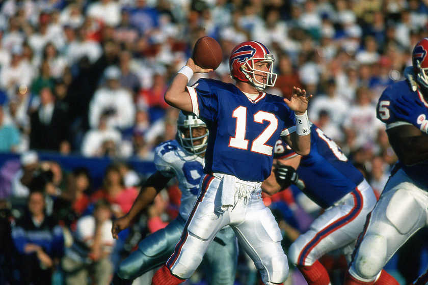 Buffalo Bills quarterback Jim Kelly throws in Super Bowl 27 against the Dallas Cowboys.