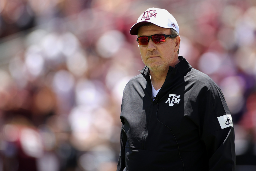 Head coach Jimbo Fisher of the Texas A&M Aggies looks on during the first half of the spring game at Kyle Field