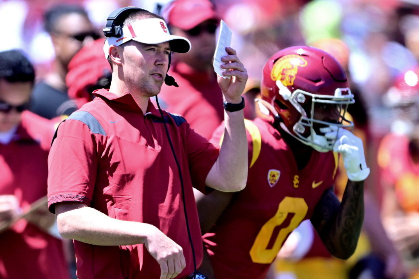 Lincoln Riley coaches during the USC Spring Game in 2022.
