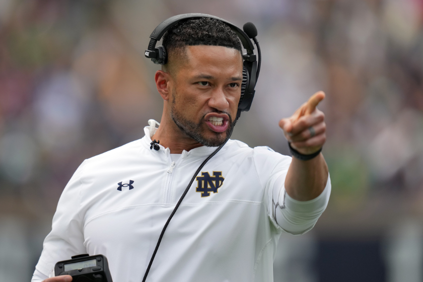 Notre Dame Fighting Irish head coach Marcus Freeman points down field during the Notre Dame Blue-Gold Spring Football Game