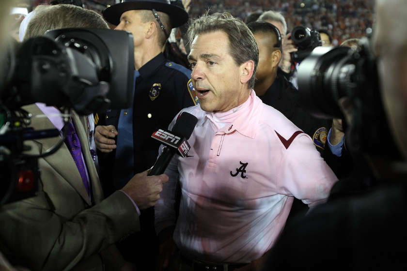 Nick Saban talks to reporters after winning the 2010 BCS Championship game. 