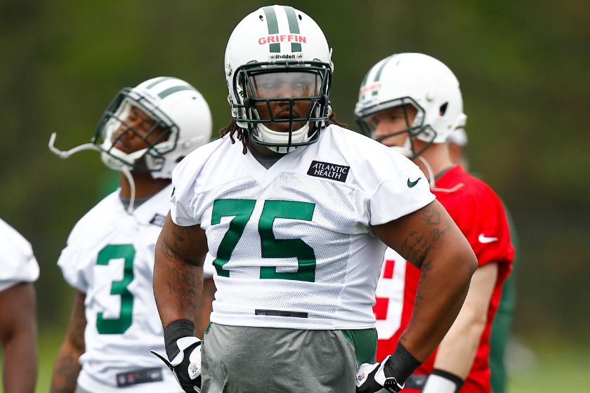 New York Jets guard Robert Griffin looks on during Rookie minicamp in 2012.