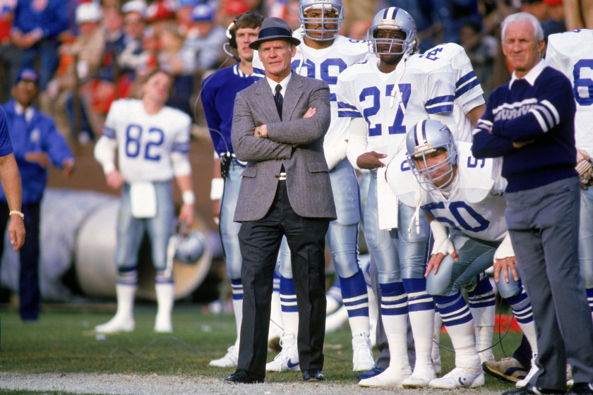 Tom Landry watches a play unfold during a Dalla Cowboys game.