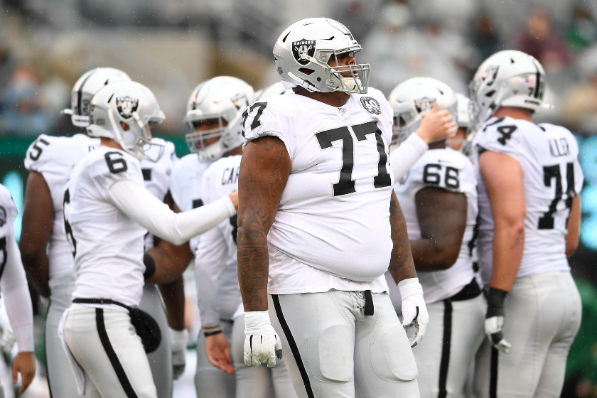 Oakland Raiders tackle Trent Brown prepares to square off against the New York Jets.