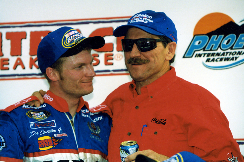 dale earnhardt jr. with dale earnhardt sr. after former clinched NASCAR Busch Grand National Series championship in 1999
