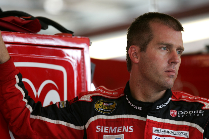 Jeremy Mayfield in the garage during practice for the NASCAR Nextel Cup Series USG Sheetrock 400 on July 7, 2006 at Chicagoland Speedway in Joliet, Illinois