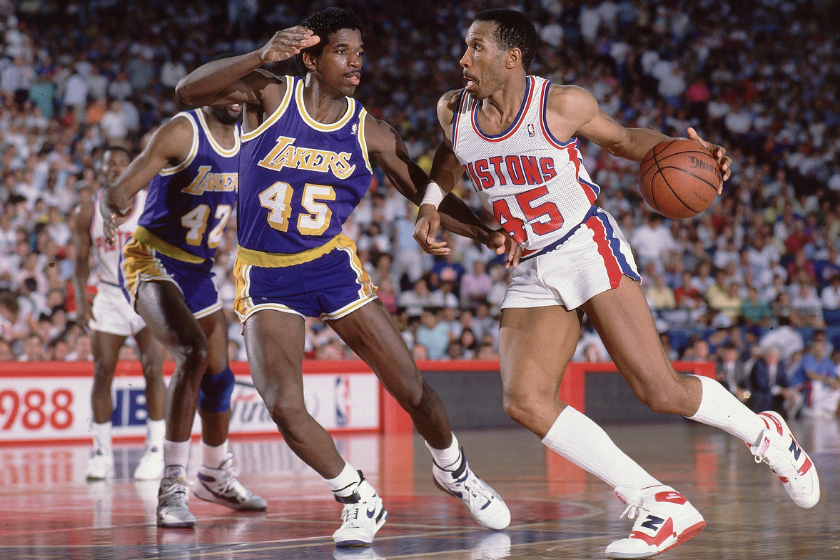 Adrian Dantley drives against the Los Angeles Lakers.