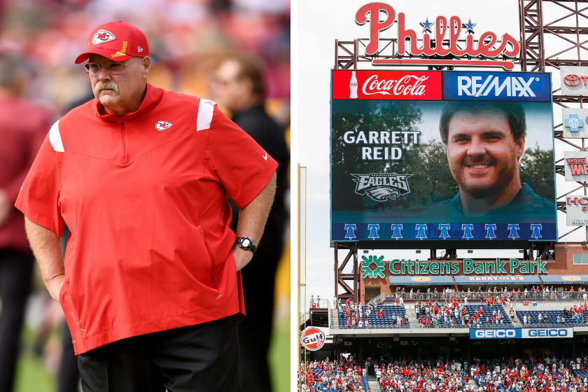 Tammy Reid, wife of Kansas City Chiefs head coach Andy Reid, walks on the  sideline before an NFL football game against the Jacksonville Jaguars,  Sunday, Sept. 17, 2023, in Jacksonville, Fla. (AP